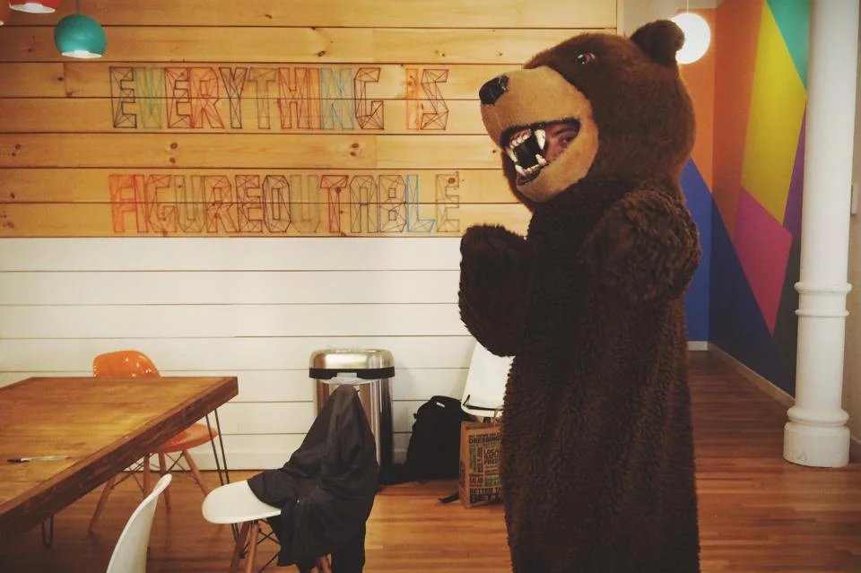 Justin in a bear costume, in his natural habitat
